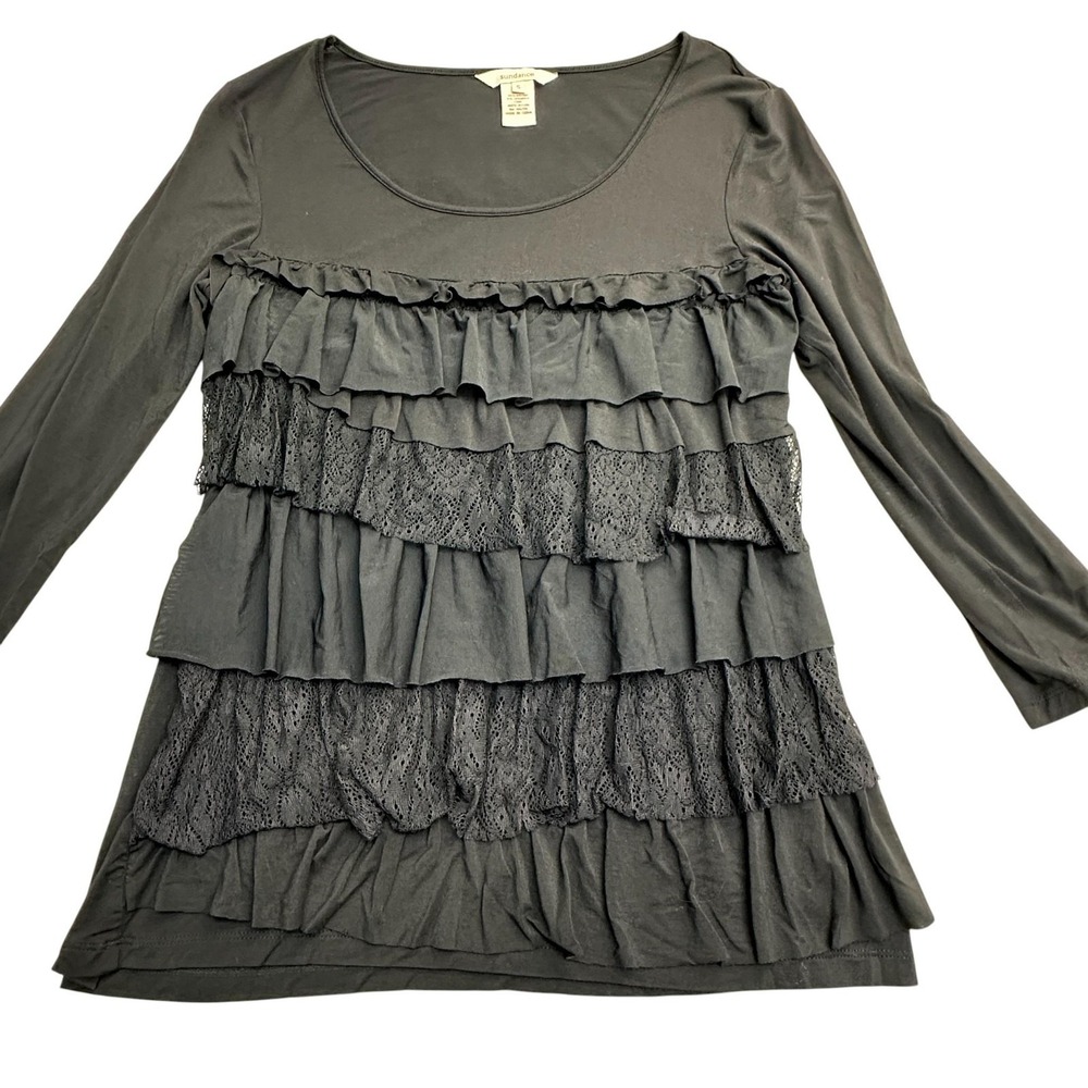 Sundance Blouse Womens Small Black Tiered Ruffle Lace Boho Tunic Top 3/4 Sleeve - Picture 4 of 10